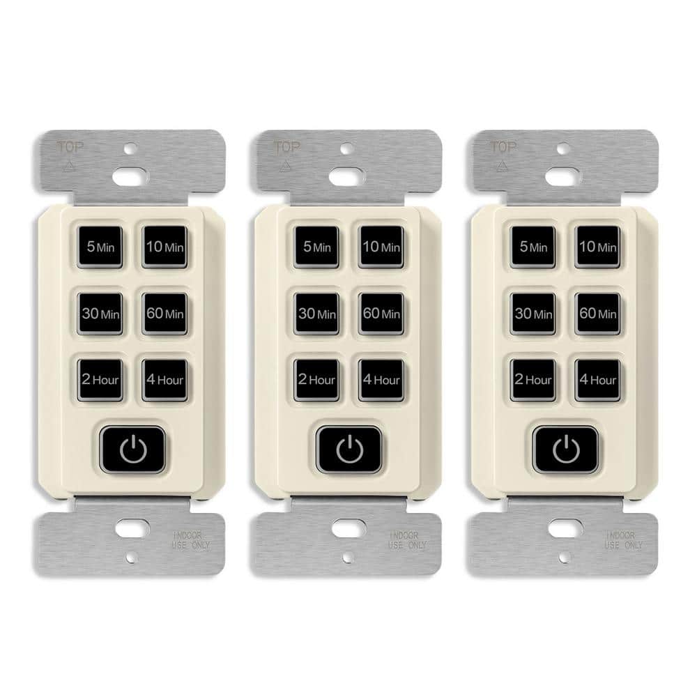 TOPGREENER 150-Watt 15 Amp Countdown Timer Switch, Push Button, Indoor, 240 Min, 1/2 HP, No Neutral Wire, Light Almond (3-Pack) (1)