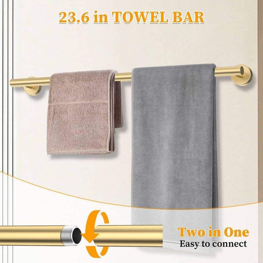 Unbranded 10-Piece Brushed Gold Stainless Steel Wall-Mounted Round 23.6 in. Bathroom Towel Bar Hardware Set Kit (2)