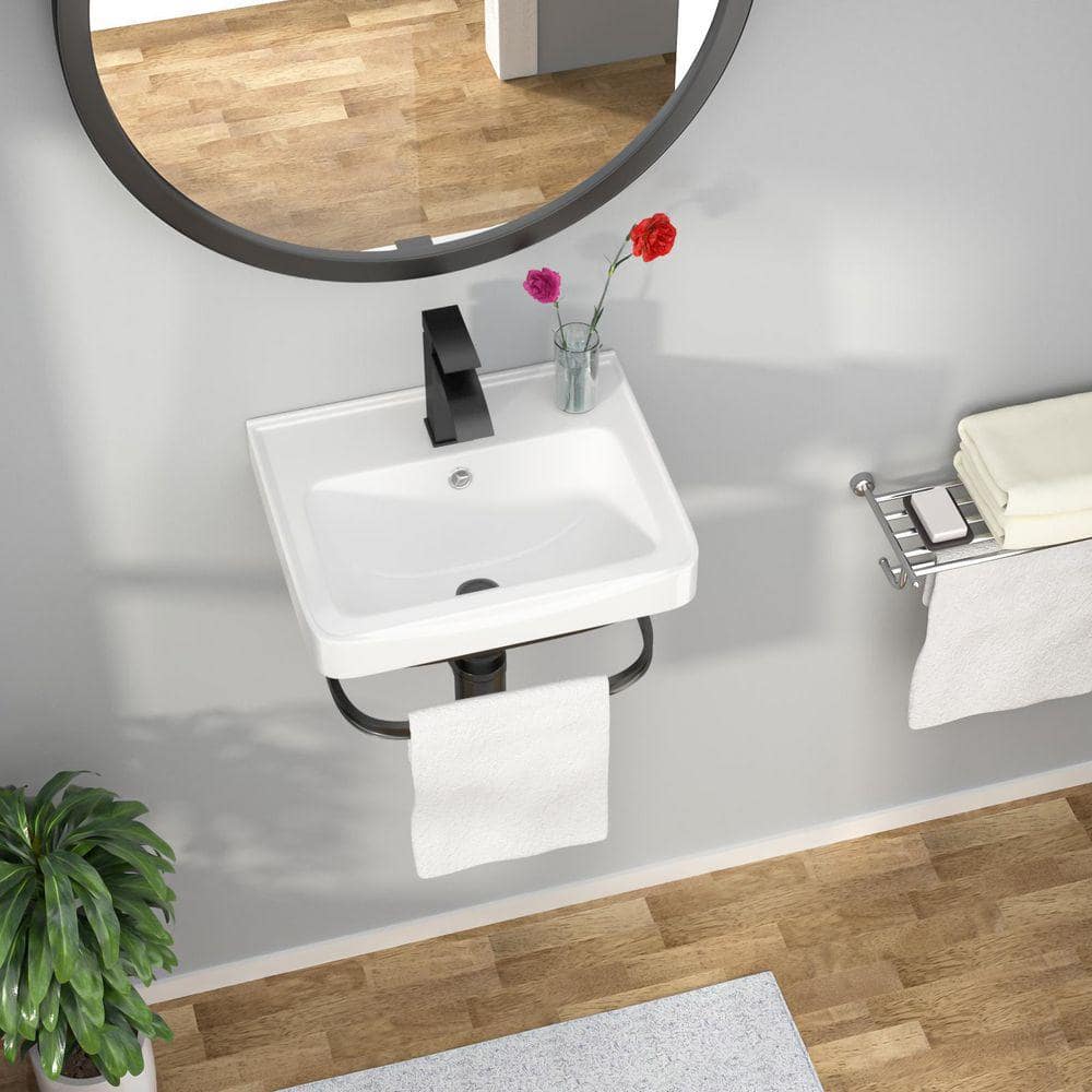 Kichae 17 in. Wall Motuned Bathroom Sink in White Ceramic with Faucet and Bracket (2)