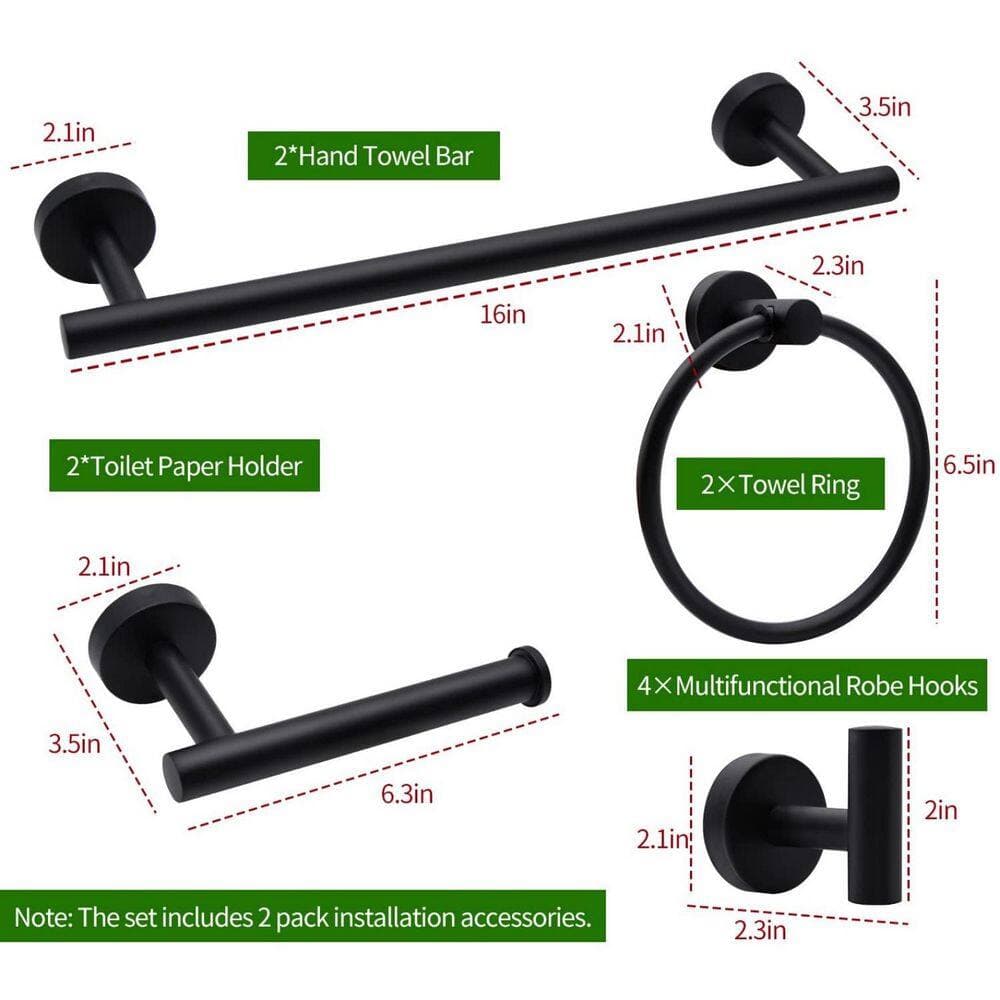Numhew 10-Piece Bath Hardware Set with 16 in. Hand Towel Bars, Paper Holders, Towel Rings and Robe Hooks in Black (3)