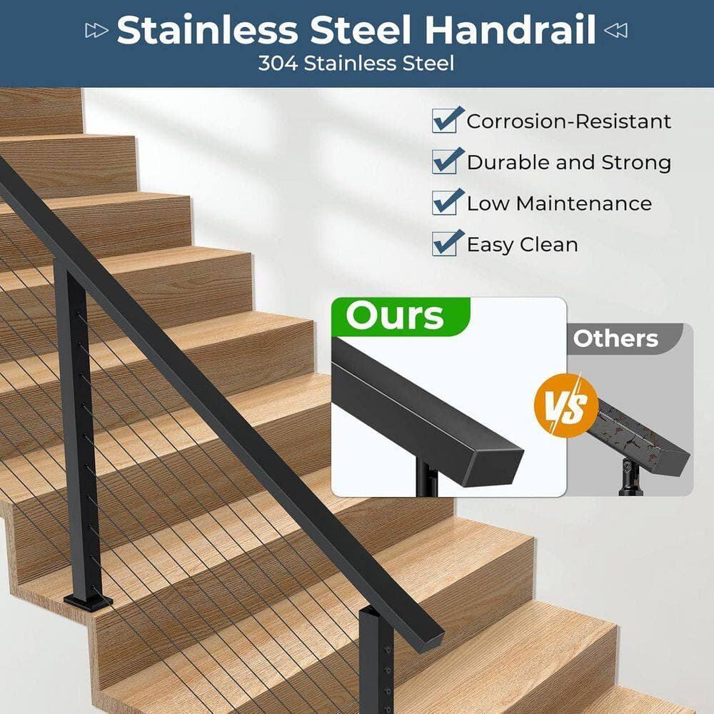 Afoxsos Rectangular 72 in.x 2 in. Matte Black Stainless Steel Stair Railing Kit 3 Pack w/ Nylon End Caps for Indoor Outdoor Use (2)