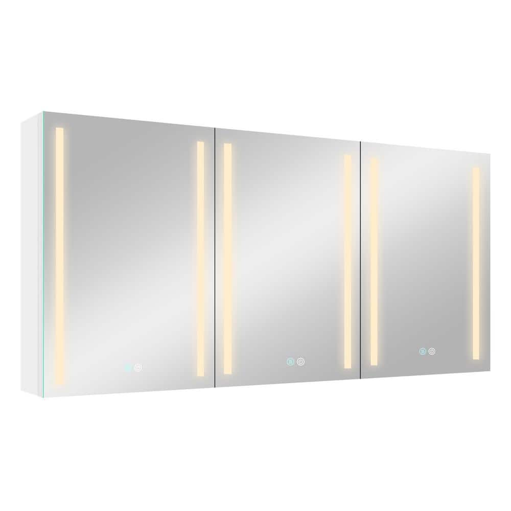 Unbranded 60 in. W x 30 in. H Frameless LED 3-Door Recessed or Surface Mount Medicine Cabinet in White Aluminum for Bathroom (3)