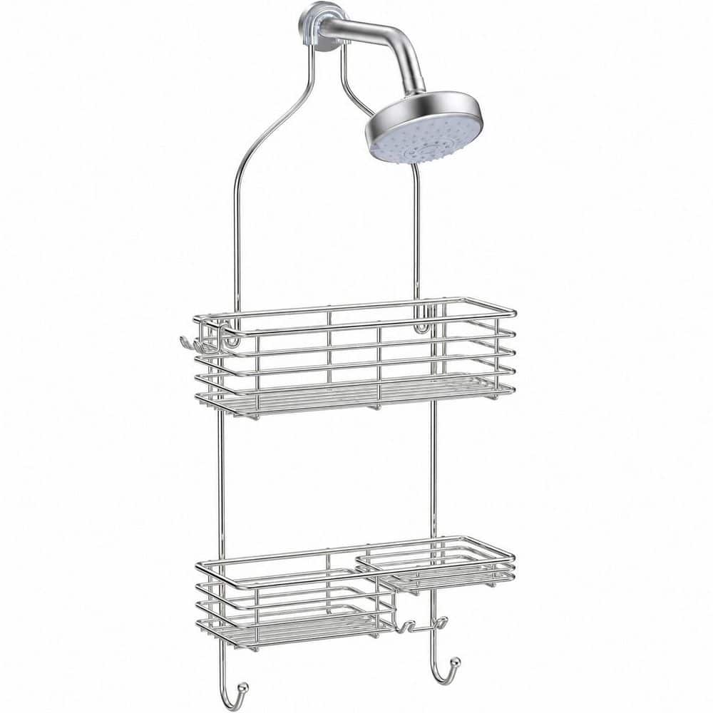 Anqtovp Stainless Steel Over The Storage Hanging Shower Head Caddy in Silver, Rustproof Bathroom Shower Shelf Organizer (1)