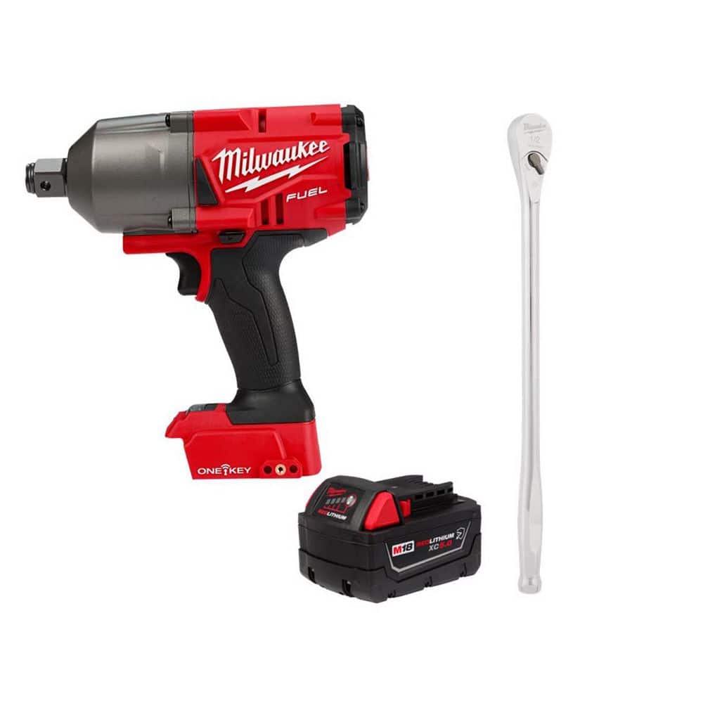 Milwaukee M18 FUEL ONE-KEY 18V Lith-Ion Brushless Cordless 3/4 in. Impact Wrench w/ 5.0 Ah Battery & Extended Ratchet (1)