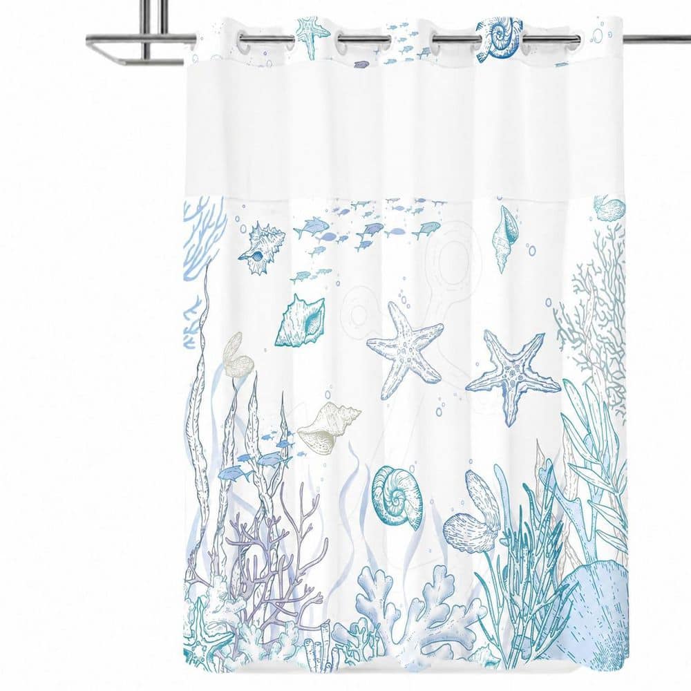 Anqtovp 71 in. W x 74 in. L Polyester Shower Curtain in Blue Coastal Ocean Nautical Seashell Waterproof Washable Set (1)
