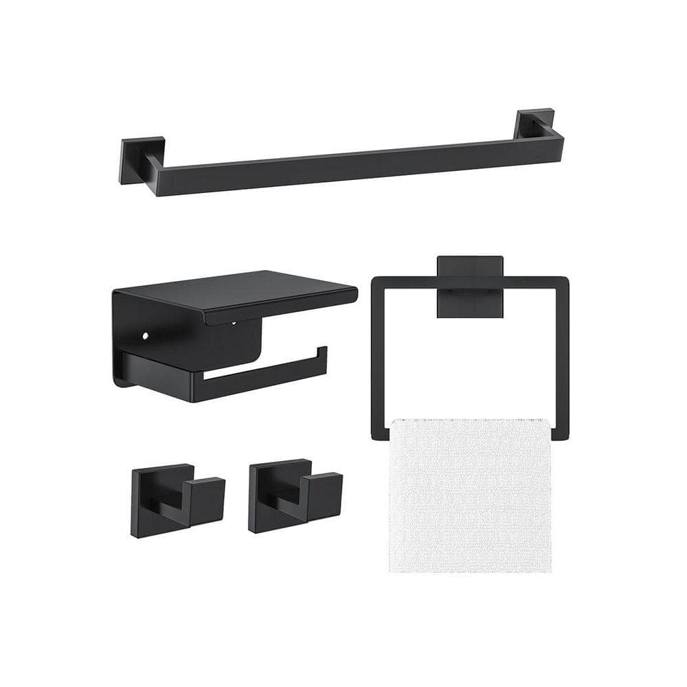Lynzavix 5-Piece Bathroom Hardware Sets with 16 in. Towel Bar Ring Toilet Paper Holder Hooks in Matte Black (1)