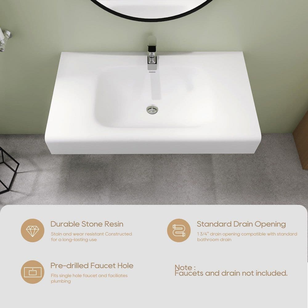 SJ STAR&JANE 39 x 22 in. Solid Surface Wall Mount or Countertop Bathroom Vessel Sink with Faucet Holes in Matte White (3)