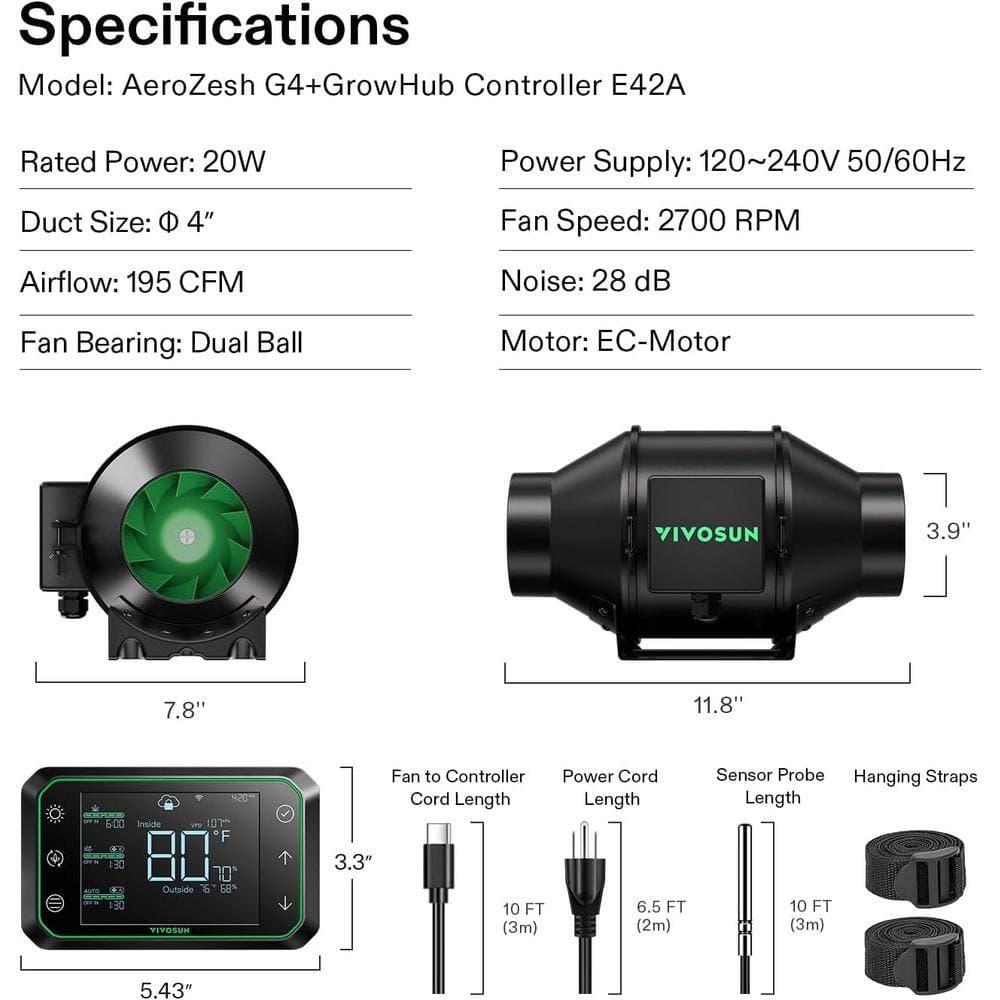 VIVOSUN AeroZesh G4 4 in. 195 CFM Inline Duct Fan with GrowHub E42A Temperature Humidity WiFi-Controller (2)