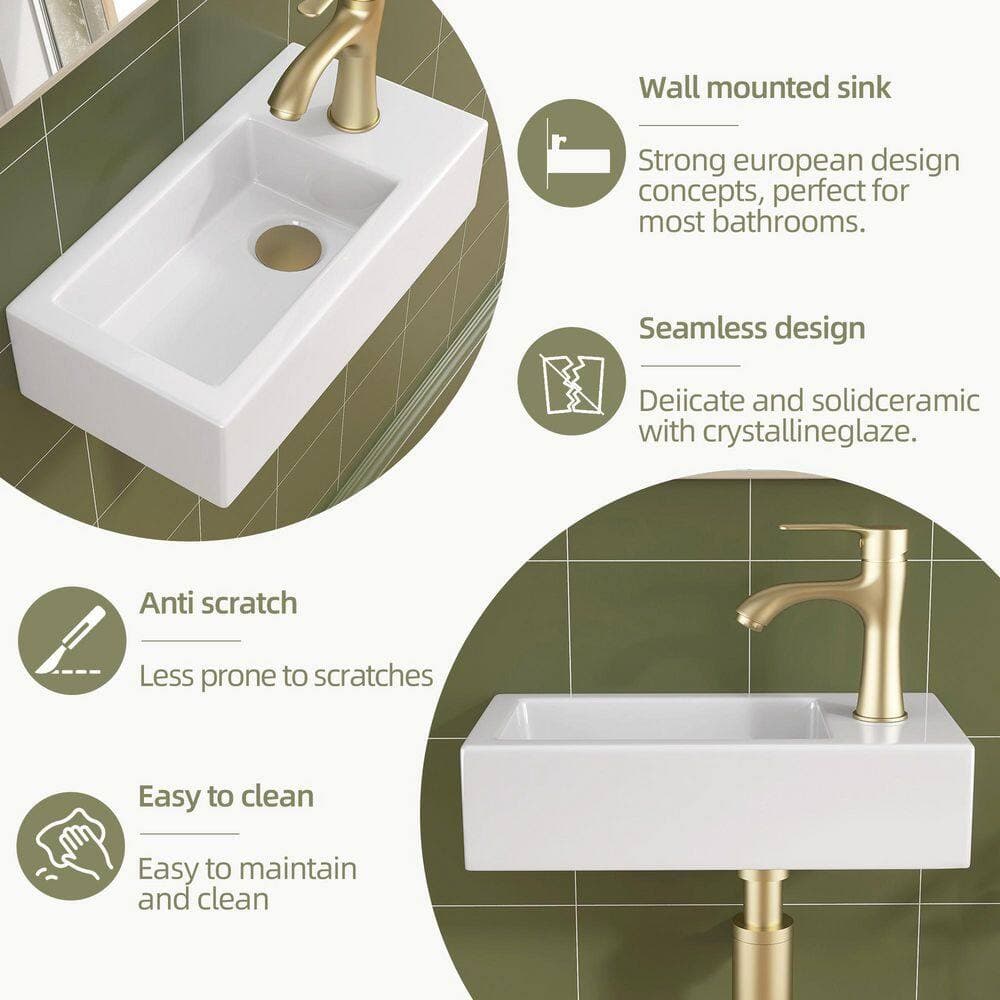 Zeafive 14.63 in. W x 7.13 in. D Wall-Mounted Rectangular Bathroom Sink in White Ceramic Bath Vessel Sink & Single Faucet Hole (2)