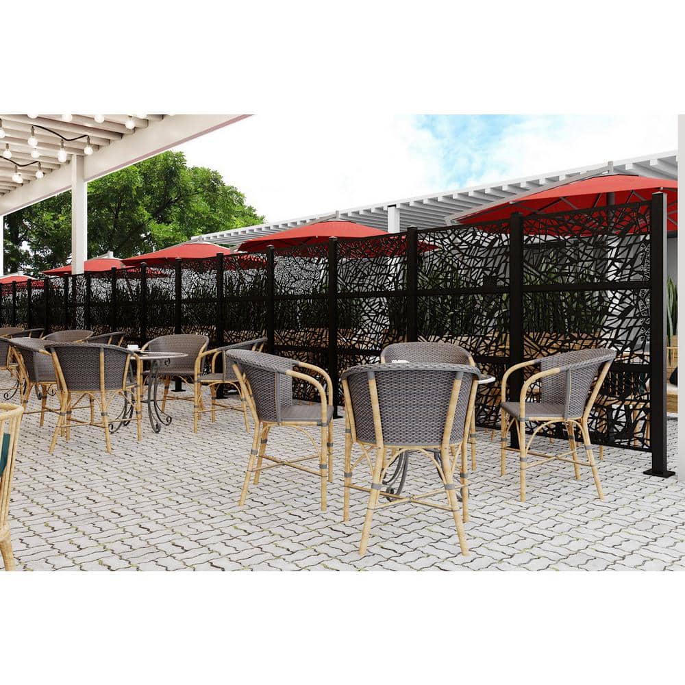 Ejoy 72 in. x 38 in. New Style Metal Art Laser Cut Metal Black Privacy Fence Screen, WideLine 2-Pole with 3-Panel Set (2)