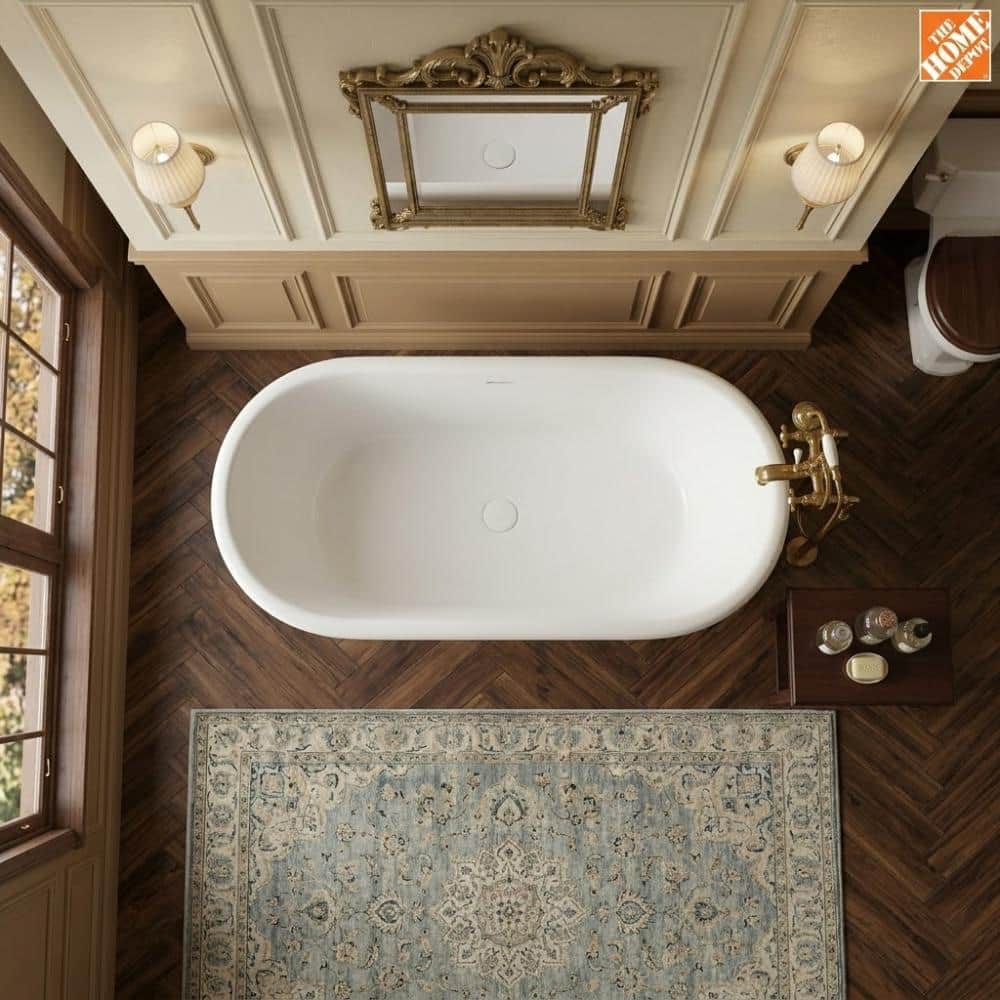 POCCI&VANCCI 61 in. Solid Surface Oval Freestanding Non-Whirlpool Soaking Bathtub with Roll Top Design in Matte White (3)