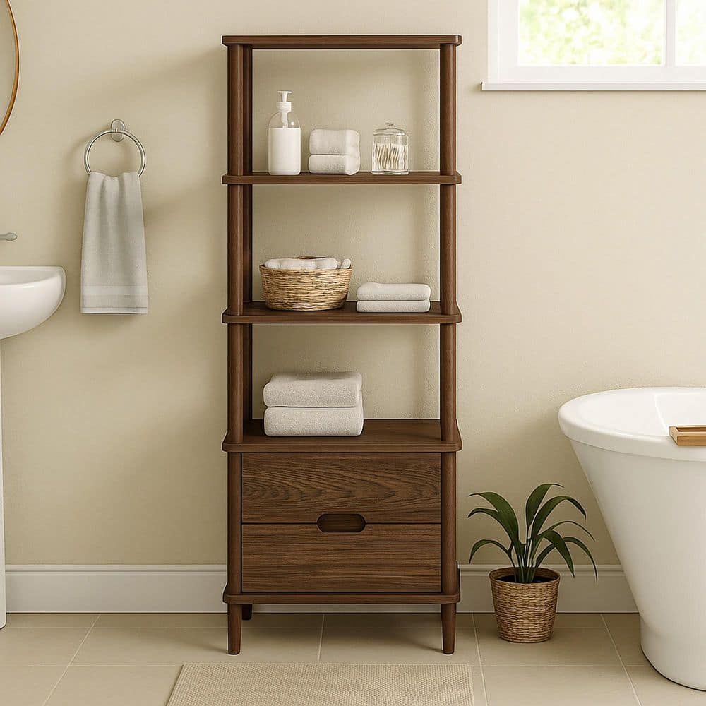 Teamson Home Ellery 12.2 in. W x 24.02 in. D x 61.02 in. H x Brown Linen Cabinet with with Open Shelves and Drawers in Walnut (1)