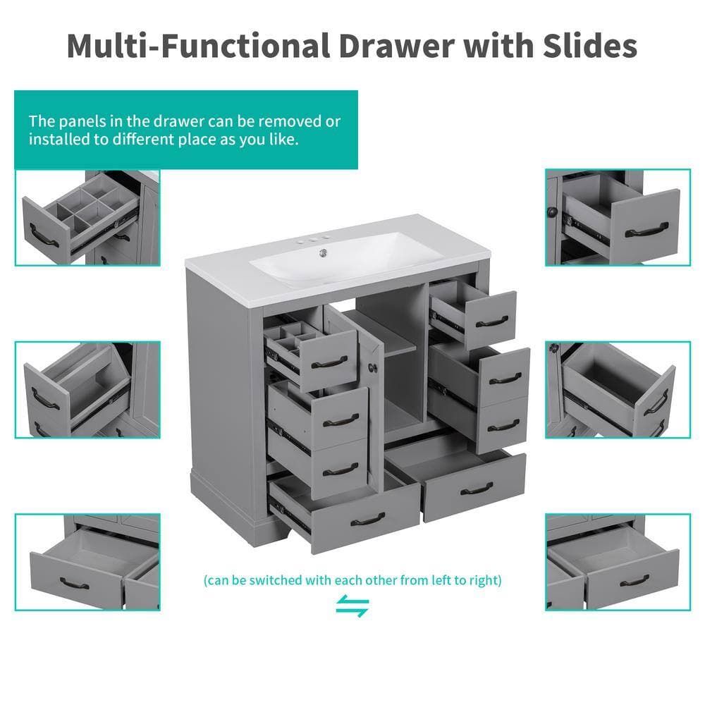 COWLOWN 35.5 in. W x 17.9 in. D x 33 in. H Bath Vanity Cabinet without Top in Gray, 6 Drawers, Multi-Functional Drawer Divider (3)