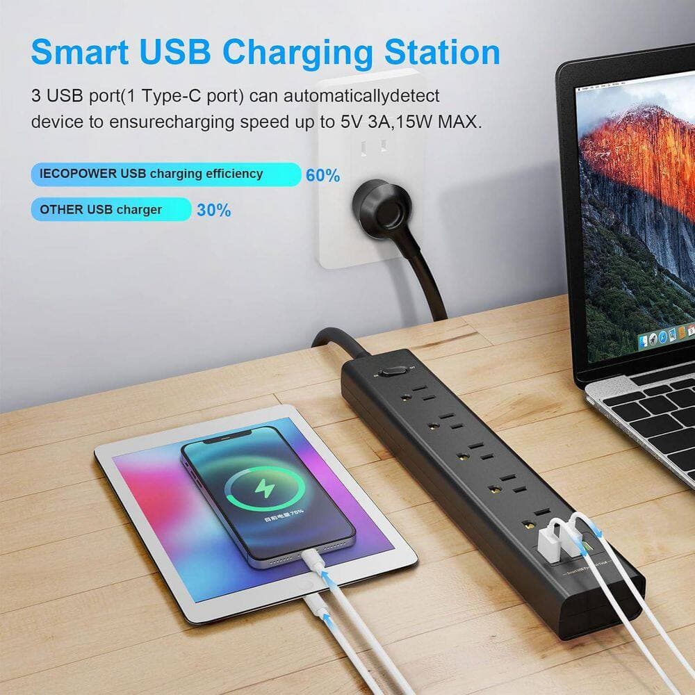 Unbranded 10 ft. Cord 5-Outlet 2-USB-A Ports 1-USB-C Port Surge Protector with Overload Protection, Flat Plug, 700J, Black, 2 Pack (3)