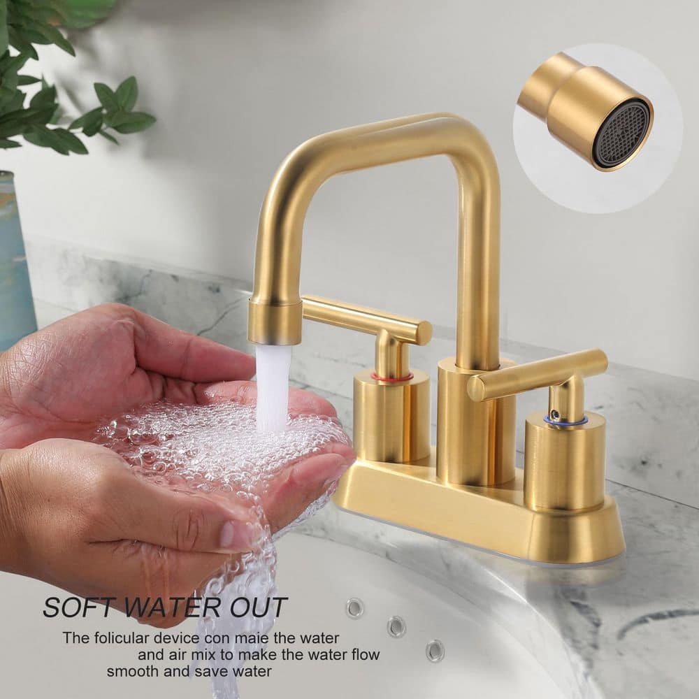 IVIGA 4 in. Centerset Double Handle Stainless Steel Bathroom Faucet with Pop Up Drain and Water Supply Lines in Brushed Gold (3)