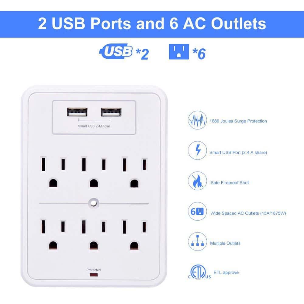 Yichuhaoxi 6-Outlet Surge Protector with 2 USB Charging Ports and Top Phone Holder in White, ETL Certified (2)