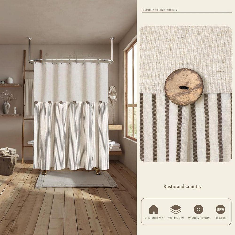 JFVKAF Linen Button 72 x 72 Shower Curtain Farmhouse Beige Cotton Blend Woven Fabric Pleated Brown Stripe Country Style (2)