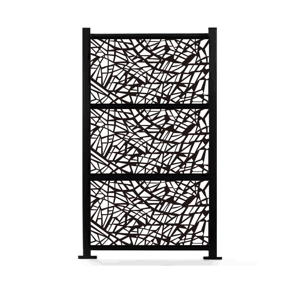 Ejoy 72 in. x 38 in. New Style Metal Art Laser Cut Metal Black Privacy Fence Screen, WideLine 2-Pole with 3-Panel Set