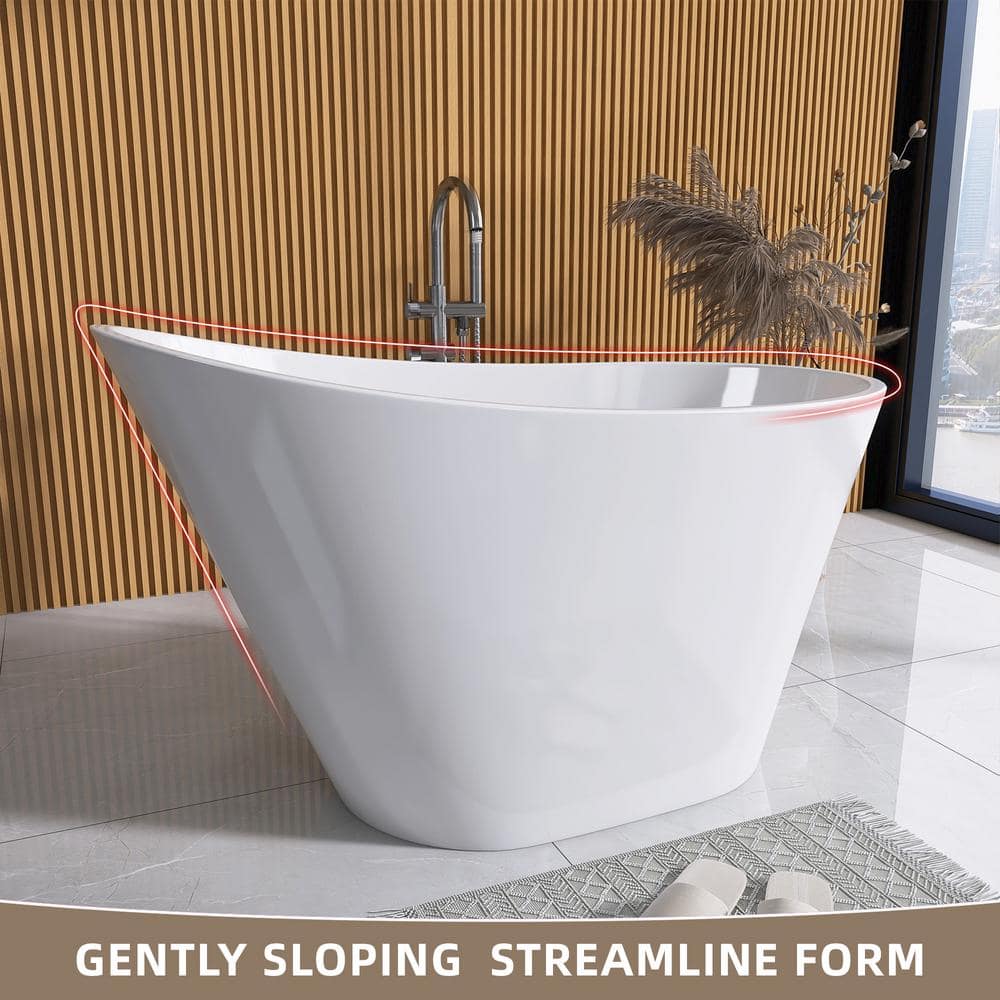 Getpro 51 in. x 27.56 in. Acrylic Flat Bottom Free Standing Bathtub Oval Freestanding Soaking Bathtub with Side Drain in White (3)