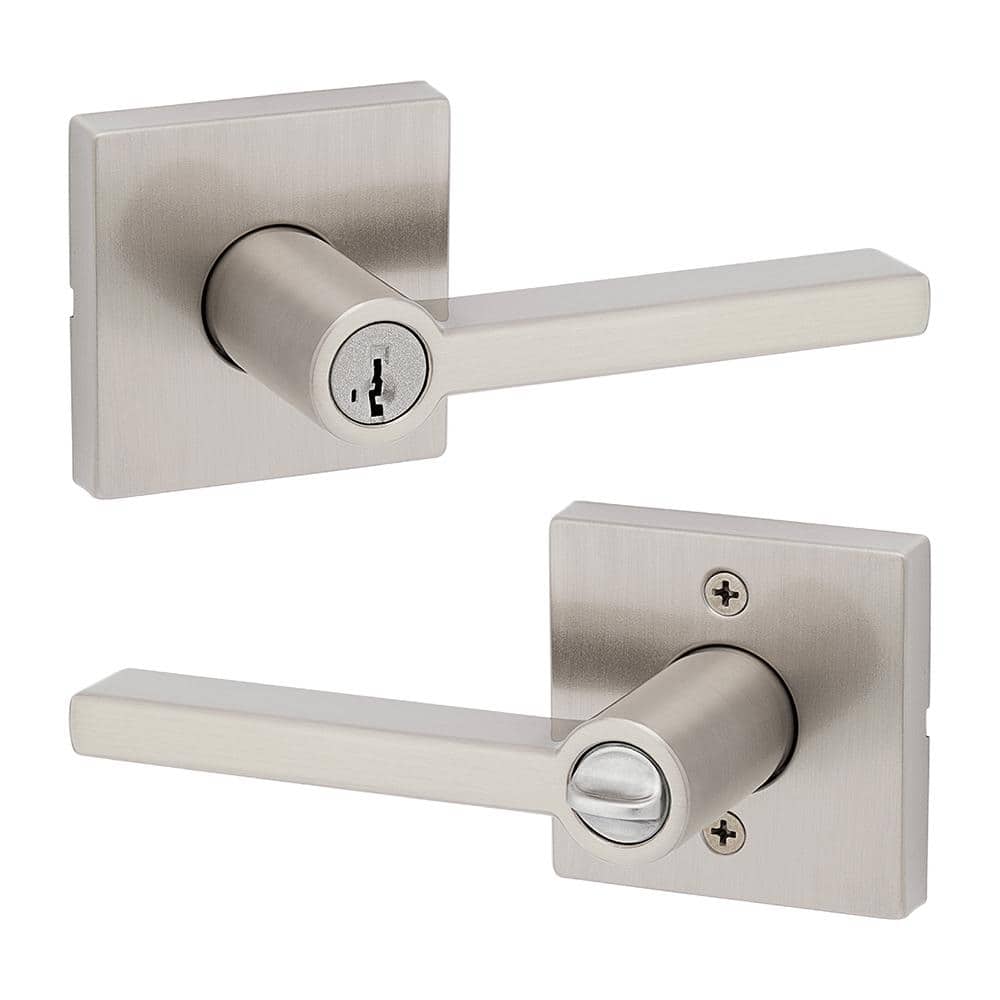 Kwikset Halifax Square Satin Nickel Keyed Entry Door Handle Handle Featuring SmartKey Security