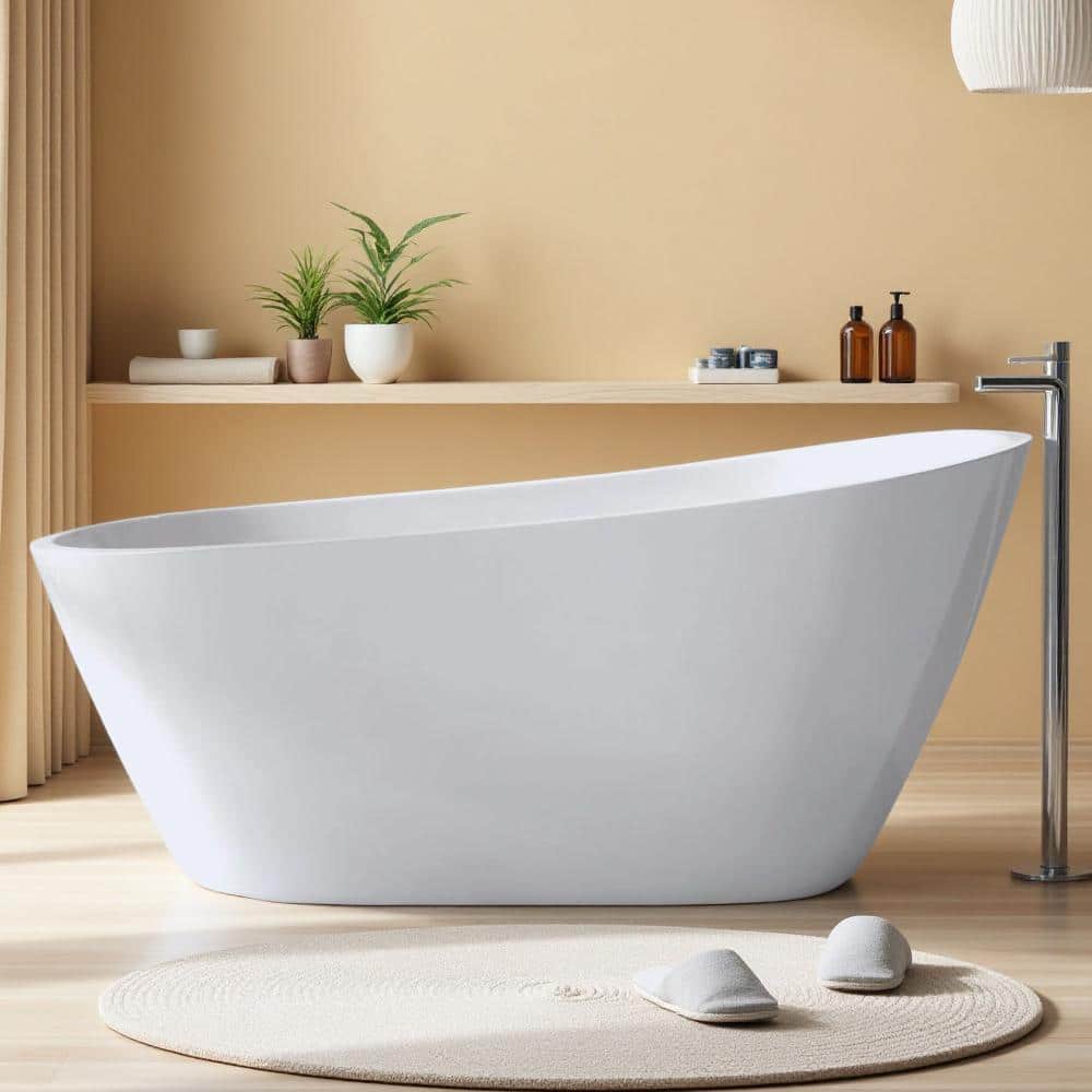 Cuschoice 59 Inch Acrylic Freestanding Slipper Bathtub, White Special Shape, Chrome Overflow,Pop-Up Drain,High Gloss (1)