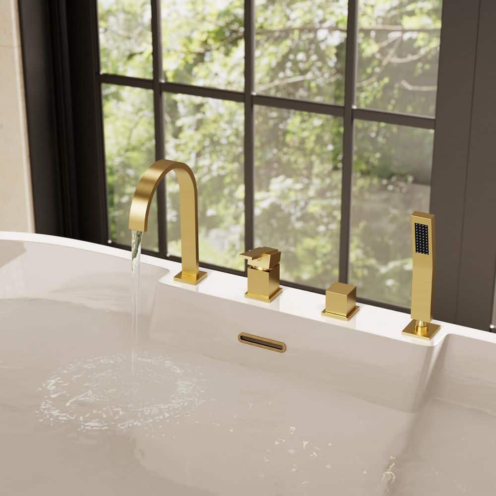 GRANDJOY Waterfall Tub Deck Mount 2-Handle 2-Spray Roman Tub Faucet 4.2 GPM with High Flow in Brushed Gold Valve Included (2)