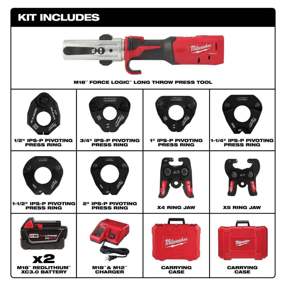 Milwaukee M18 18-Volt Lithium-Ion Cordless FORCE LOGIC Long Throw Press Tool Kit w/ 1/2 in. - 2 in. IPS-P Pivoting Press Ring Kit (2)