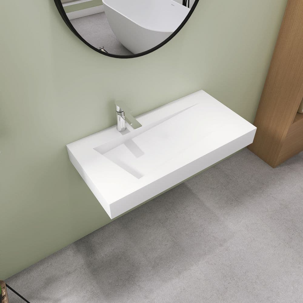 SJ STAR&JANE 35" Wall Mount Rectangle Sink, Solid Surface Bathroom Sink in White (1)