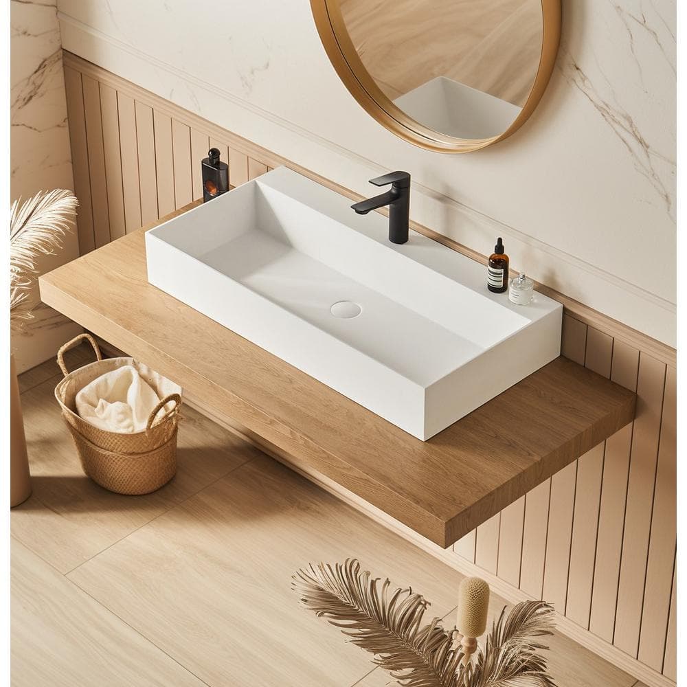 CASAINC 36 in. W x 18 in. D x 5.5 in. H Solid Surface Wall Mount Rectangle Matte White Vessel Sink w/ Faucet Hole (2)