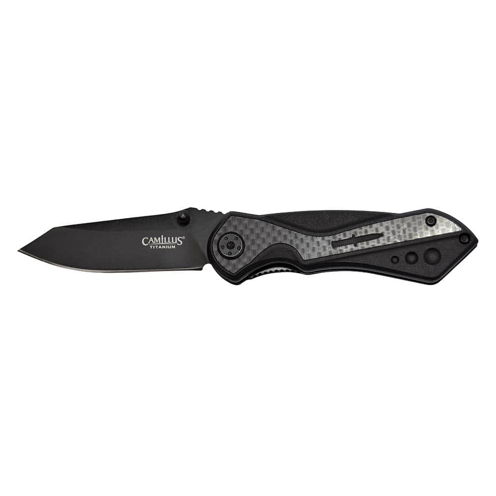 Camillus Machine 2.75 in. Carbonitride Titanium Drop Point Straight Edge Folding Knife, Quick Launch Bearing System, Black Handle