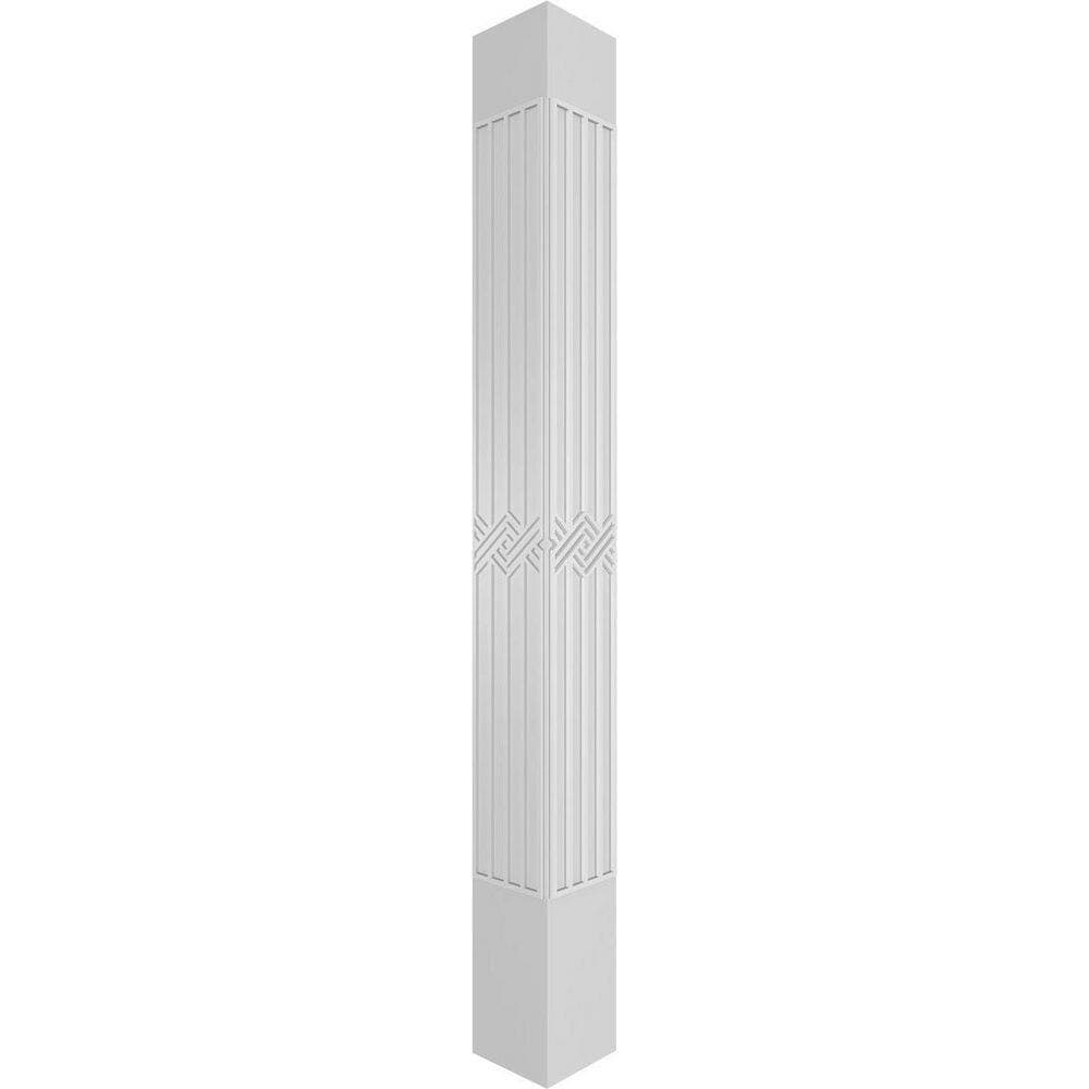 Ekena Millwork 7-5/8 in. x 9 ft. Premium Square Non-Tapered Zion Fretwork PVC Column Wrap Kit w/Standard Capital and Base (3)