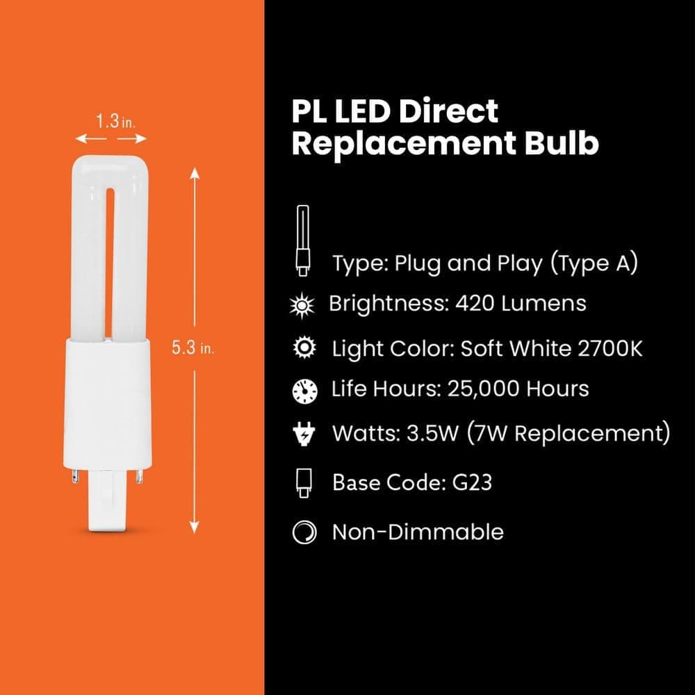 Feit Electric 7-Watt Equivalent PL Twin Tube CFLNI Bi-Pin Plug-In G23 Base CFL Replacement LED Light Bulb, Soft White 2700K (1-Pack) (4)