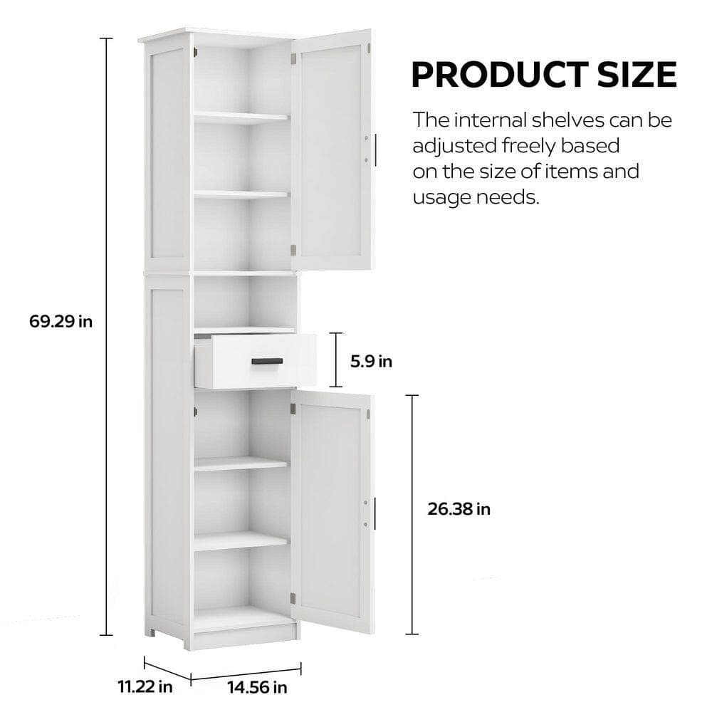 Unbranded 14.56 in. W x 11.22 in. D x 69.29 in. H White Tall Bathroom Linen Cabinet with 2 Doors and 1 Drawer for Bathroom (2)