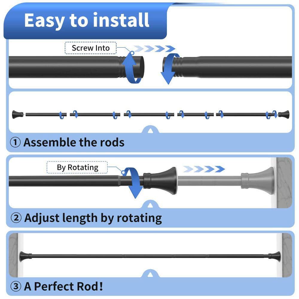 Lynzavix 84 in. Stainless Steel No Drill No Slip Adjustable Spring Tension Shower Curtain Rod in Matte Black (3)