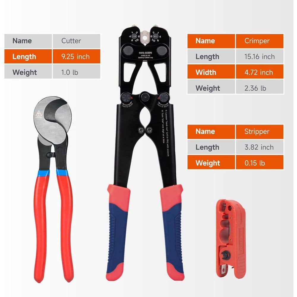 Unbranded Battery Cable Lug Crimping Tool Kit for 8-1/0 AWG, 63pcs Copper Lugs, 25pcs Heat Shrink Tubes, Wire Cutter (3)