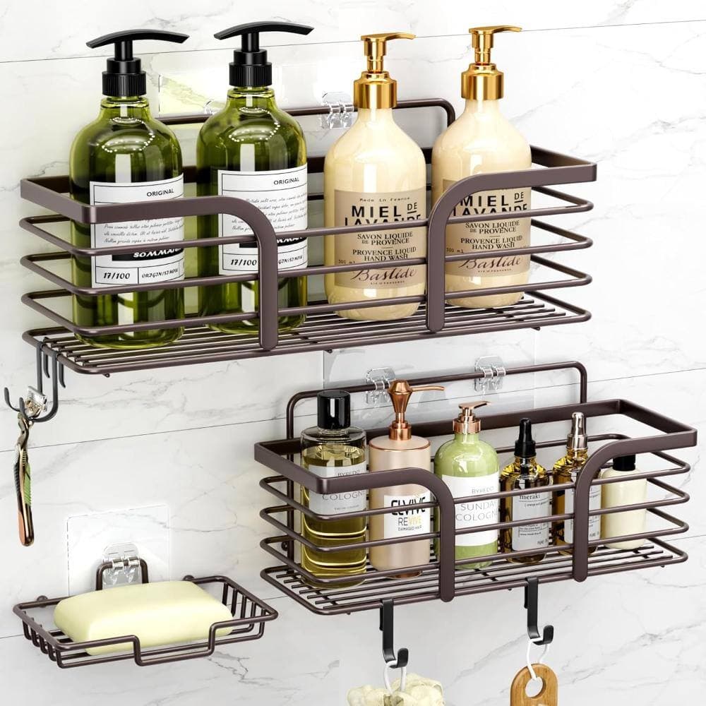 Whatseaso 11.5 in. Stainless Steel Wall Mounted Shower Organizer with Soap Holder and Hooks in Brown (3)