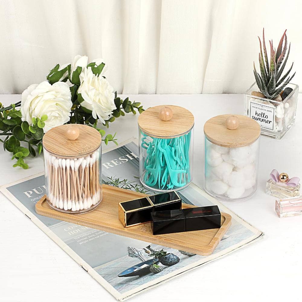 Unbranded Clear Acrylic Qtip Holder with Vanity Tray Set 3 Piece Bathroom Storage Canisters with Lid and Tray, 2.7 in Dia (2)
