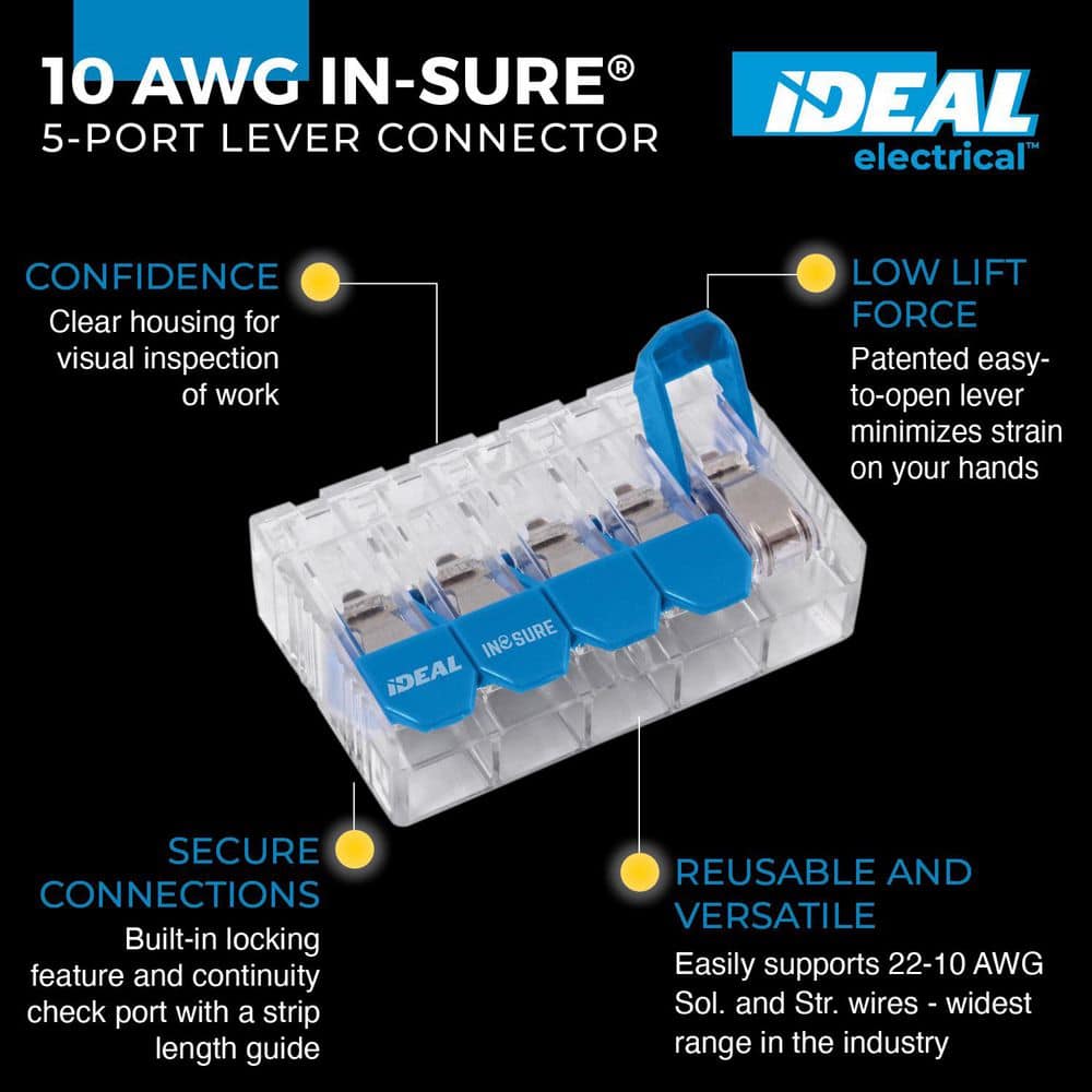 IDEAL In-Sure Lever Wire Connector, 10 AWG, 5-Port Box of 50 (2)