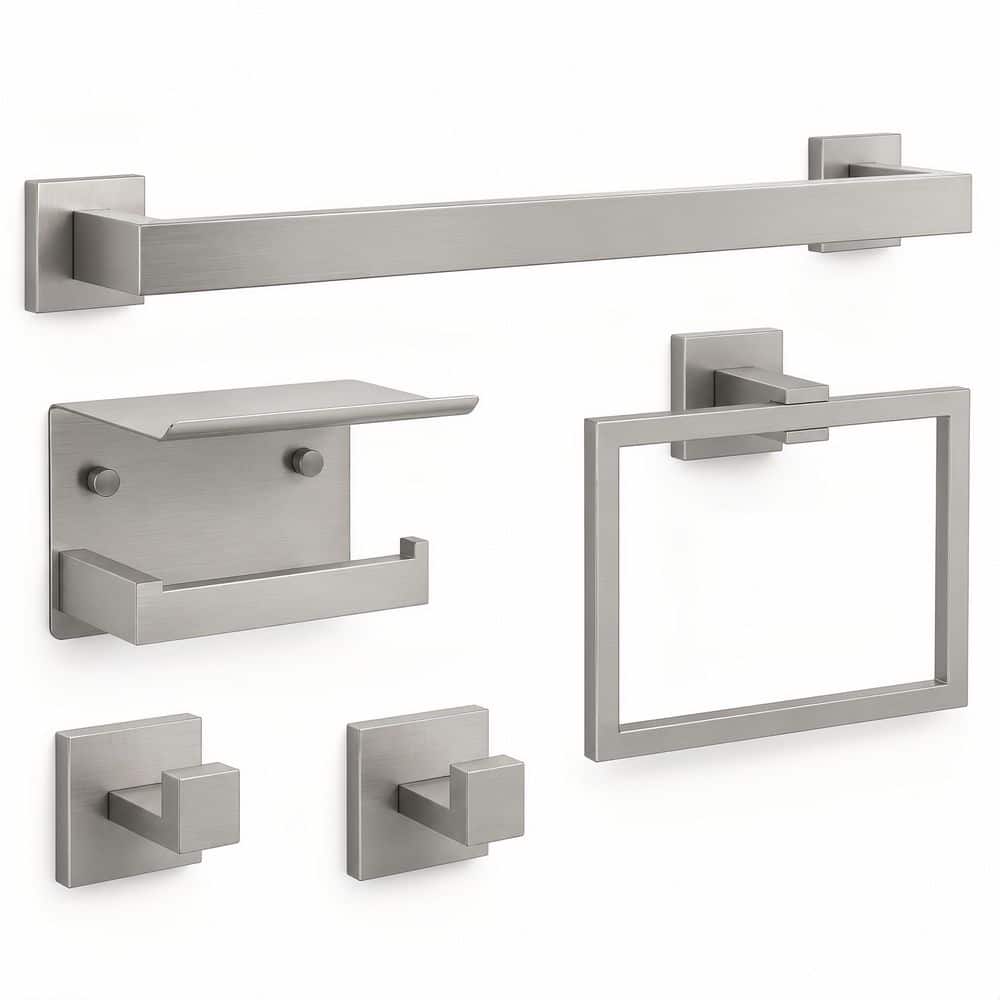 HOMEMYSTIQUE 5-Piece Bathroom Hardware Set with Towel Bar/Rack, Toilet Paper Holder, Towel Ring in Brushed Nickel (1)