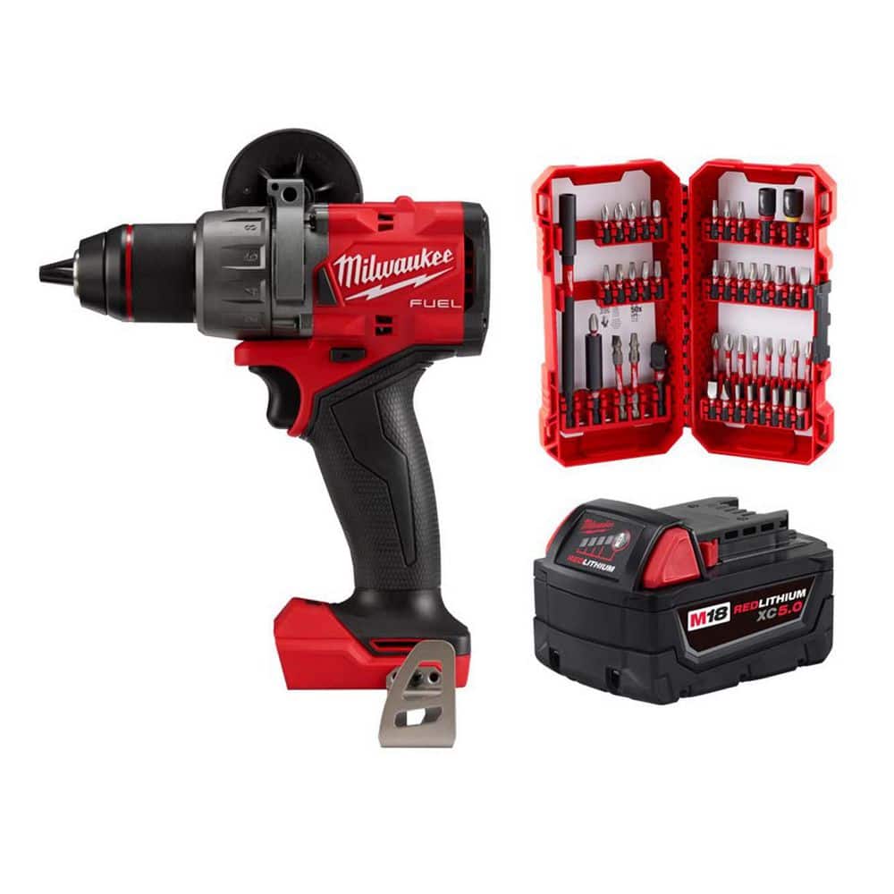 Milwaukee M18 FUEL 18V Lith-Ion Brushless Cordless 1/2 in. Hammer Drill/Driver w/ 5.0 Ah Battery & Screwdriver Bit Set