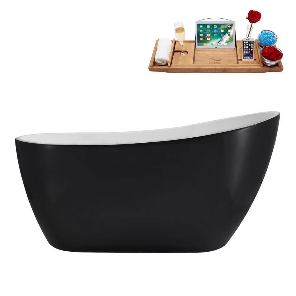 Streamline 55 in. x 28 in. Acrylic Freestanding Soaking Bathtub in Glossy Black with Matte Black Drain (1)