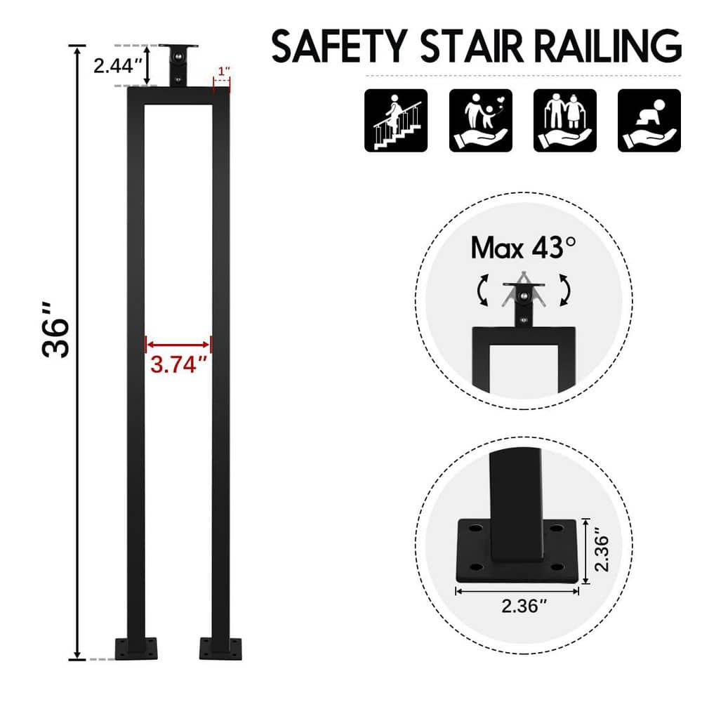 Unbranded 4 Pack Matte Black Iron Handrail with Modern U-Shaped Balusters Adjustable Top Plate for Indoor Stairs (3)