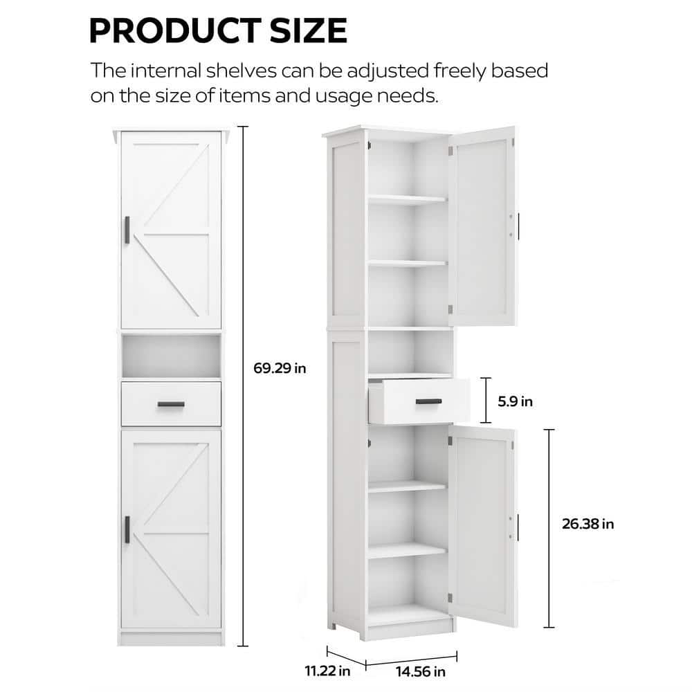 COWLOWN 14.56 in. W x 11.22 in. D x 69.29 in. H Bathroom White Linen Cabinet (2)