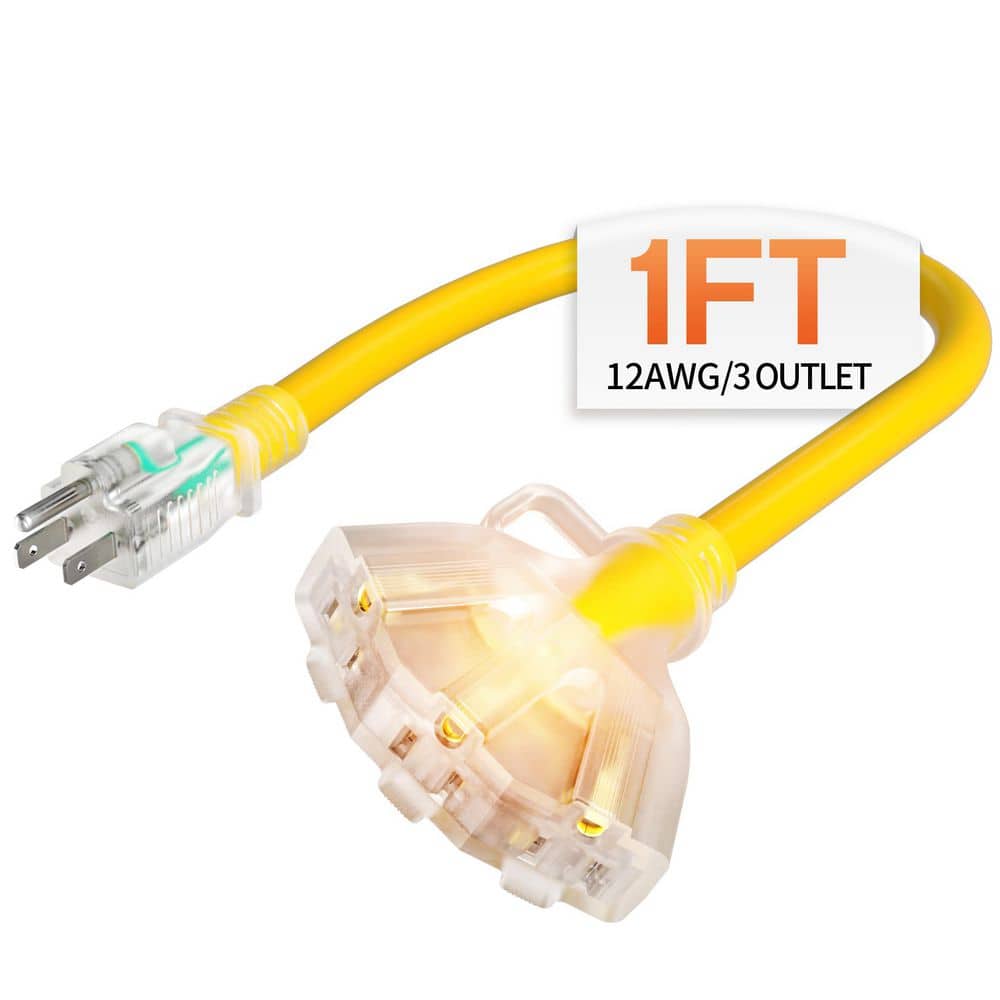 Unbranded 1 ft. 12 Gauge 3-Conductor SJTW Outdoor Extension Cord Splitter with Tri-Tap Lighted End and Foot Switch Yellow (1)