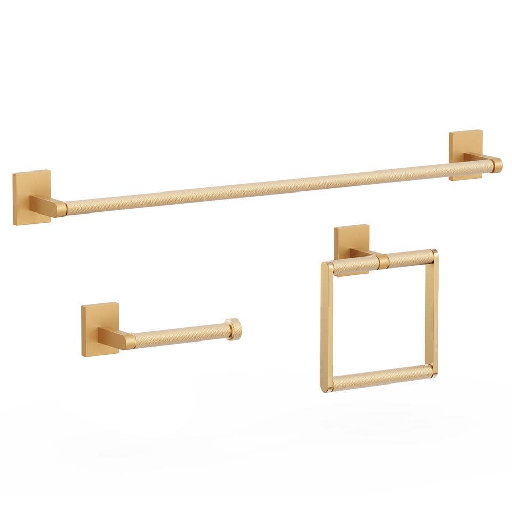 HOMLUX 3-Piece Bath Hardware Set with 24 in. Towel Bar, Toilet Paper Holder and Towel Ring in Brass