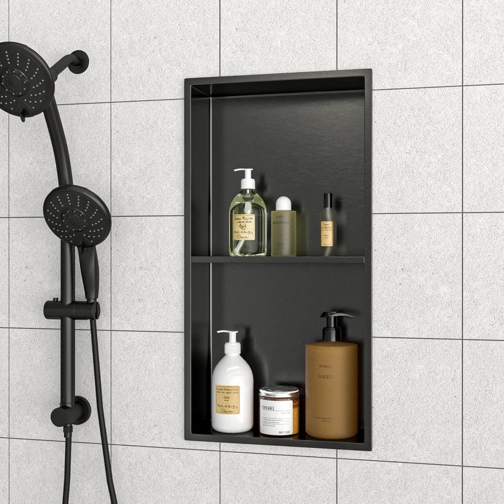 FUNKOL 13 in. x 25 in. Gunmetal Black Stainless Steel Wall Mounted Shower Niche Double Shelf (3)