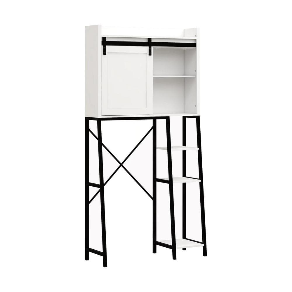 Hooseng 8.07 in. W x 64.57 in. H x 32.68 in. D White+Black Over The Toilet Storage with Adjustable Shelves