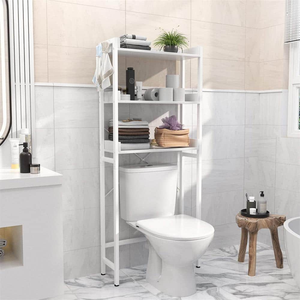 Cubilan 24.8 in. W x 63.7 in. H x 9.4 in. D White Bathroom Over-the-Toilet Storage with 3-Tier Shelves and 4-Hooks (3)