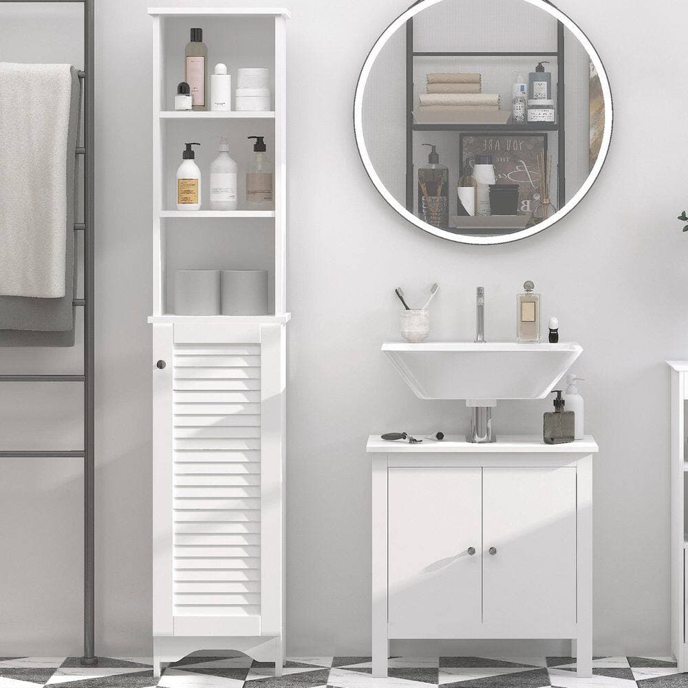 Unbranded NEW13.5 in. W x 65 in. H x 7.75 in. D Wood Rectangular Freestanding 3-Tier Corner Shelf with Cabinet and 1-Door in White (3)