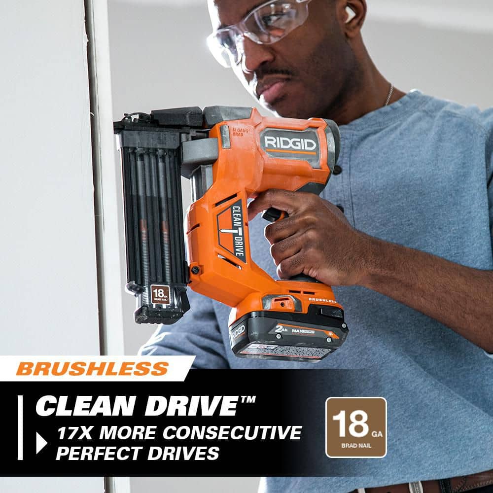 RIDGID 18V Brushless Cordless 18-Gauge 2-1/8 in. Brad Nailer with 2.0 Ah Battery and Charger (3)